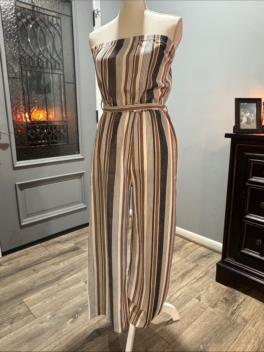 Striped Strapless Wide-Leg Jumpsuit in Brown & Cream Size M
